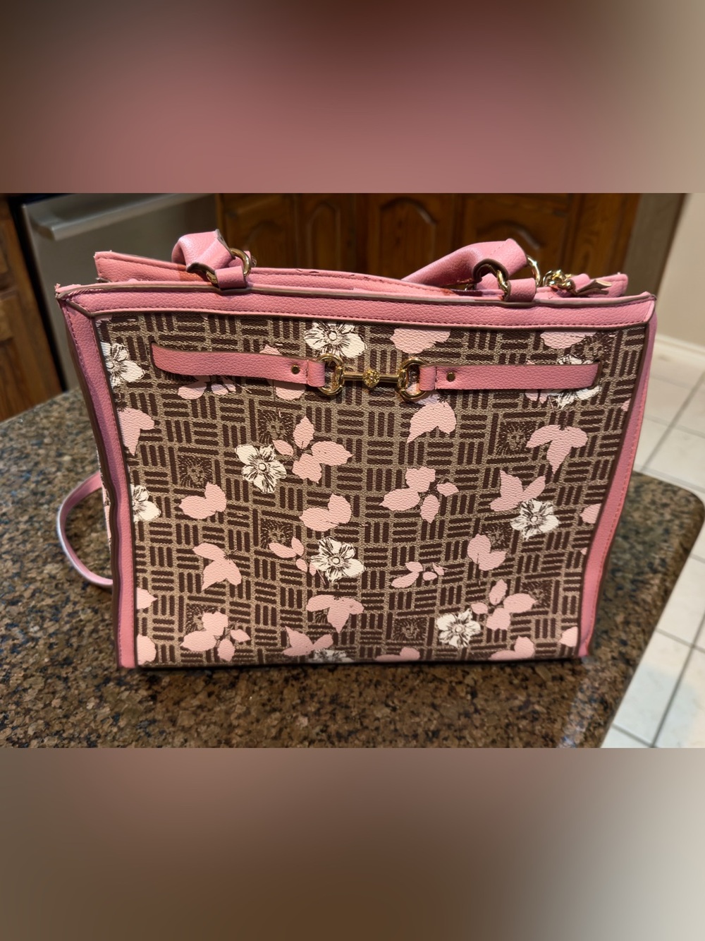 Anne Kline Floral Pattern Tote Bag with Gold Hardware